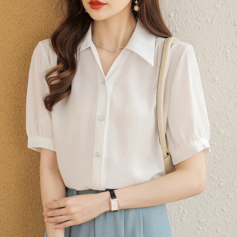 

2023 Summer Women Shirts Fashion New Chiffon Womens Tops Polo-Neck Button Up Shirt Short Sleeve Blouse Loose White Shirt Women