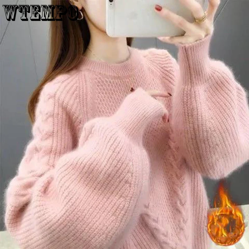

Round Neck Pullover Sweater Women Autumn and Winter Plus Cashmere New Lantern Sleeve Knitting