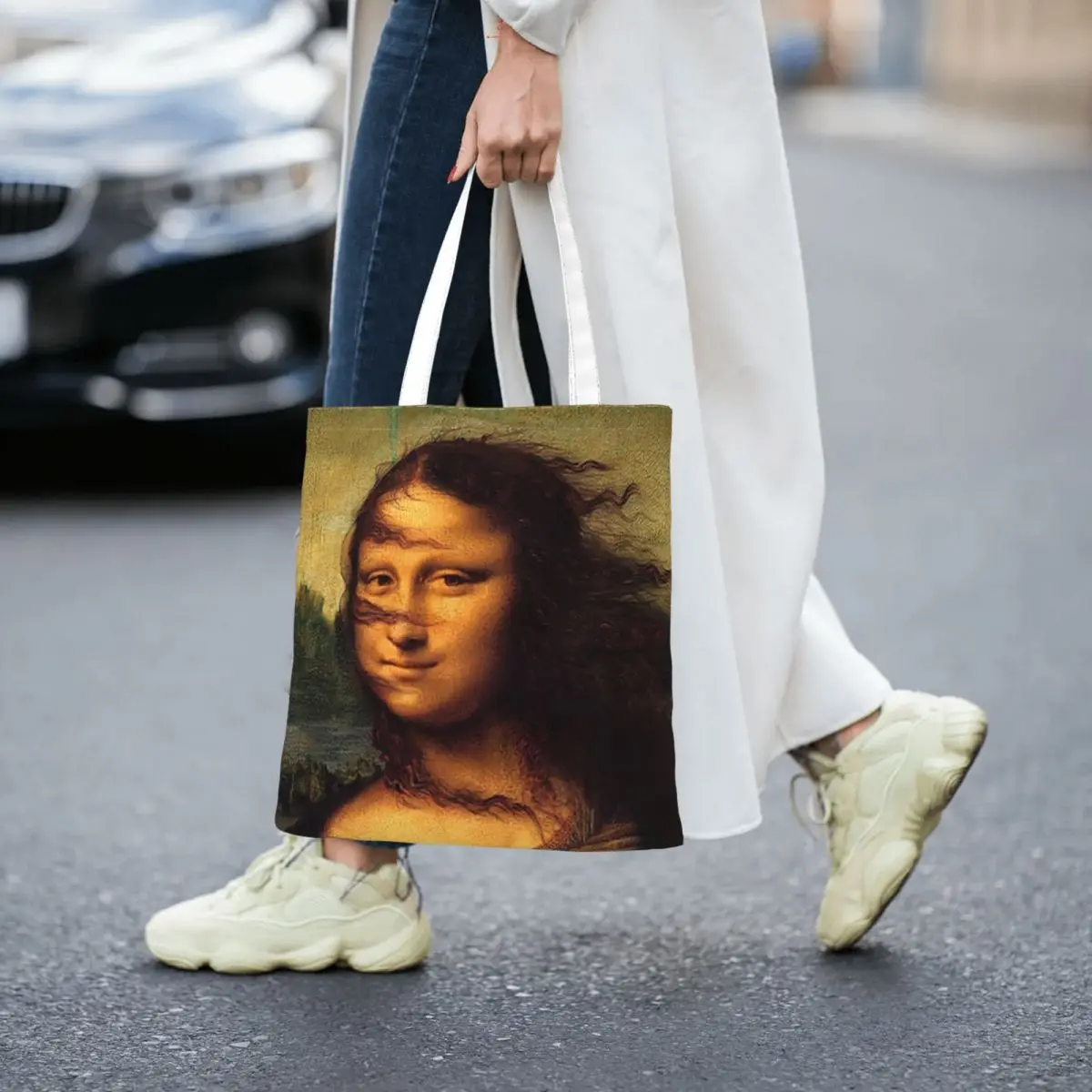 Funny Mona Lisa Wind In Hair Women Canvas Handbag Large Capacity Shopper Bag Tote Bag withSmall Shoulder Bag