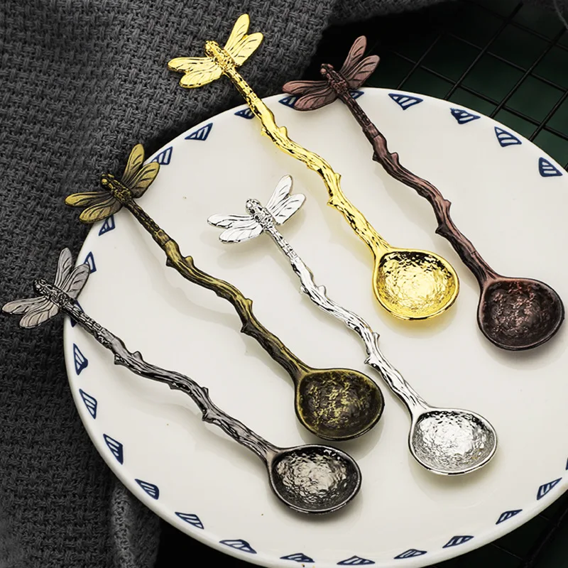 

Alloy Spoon 2022 Retro Forest Dragonfly Hammer Pattern Alloy Scoop Creative Star Round Bowl Coffee Ice Cream Scoop Gift Craft