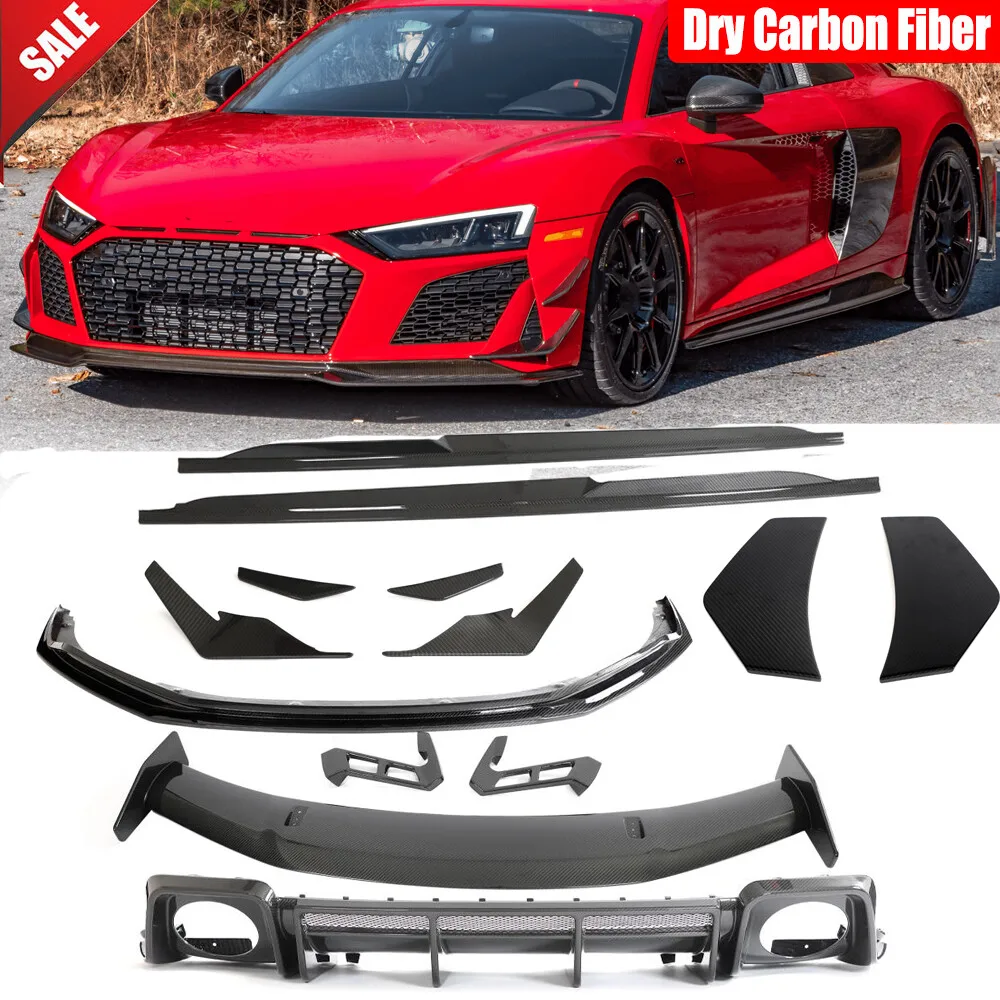 Фото Для Audi R8 V10 22+ Карбоновый передний сплиттер, задний диффузор, боковые пороги, спойлер, комплект обвеса, автомобильные аксессуары №1