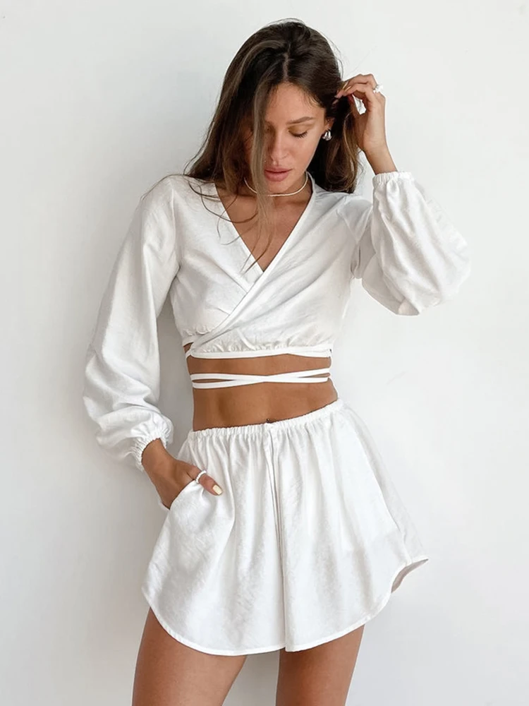 

Повседневная женская ночная рубашка Linad, комплект из 2 предметов, укороченный топ с V-образным вырезом и длинным рукавом, женские повседневны...