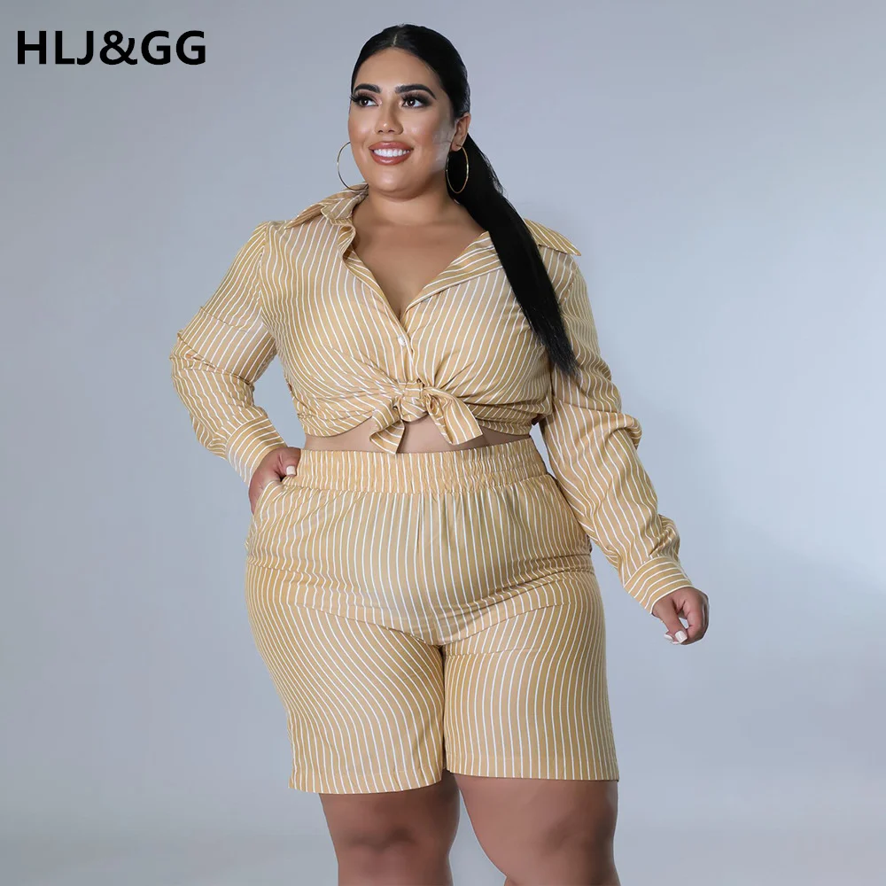 HLJ&GG Casual Plus Size Shirt Suits Turn-down Callar Long Sleeve Shirt + Short Pants Two Piece Sets Casaul Outfits Shorts Sets