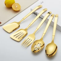 golden 5pcs home serving cutlery set stainless steel large spoon fork hollow shovel salad stirring tableware kitchen utensils