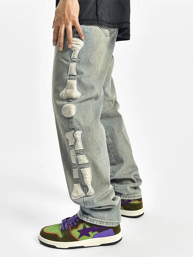 Men Skeleton Baggy Casual Pants Mens Japanese Streetwear Wide Leg Denim Trousers Male Y2k Blue Vintage Denim Pants Men Clothing