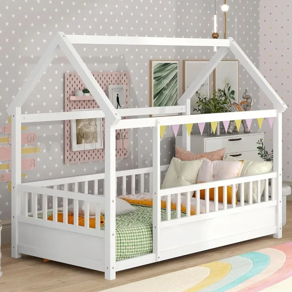 Фото # Для Lit jumeau au sol Монтессори, lit jumeau avec clôture, maison jumelle pour enfants, filles, gar Voiżyć, blanc& №1