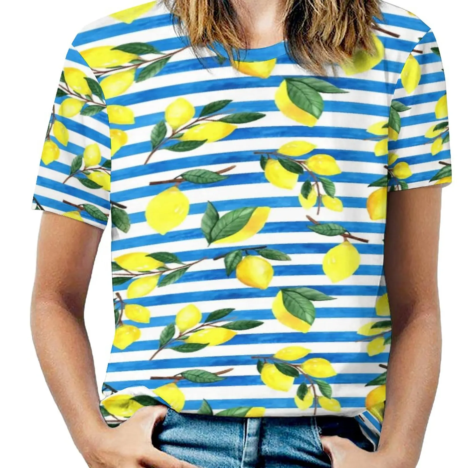 

Watercolor Fruit T Shirt Lemons On Striped Print Harajuku Oversize T-Shirts Short Sleeve Korean Fashion Tees Woman Summer Tops