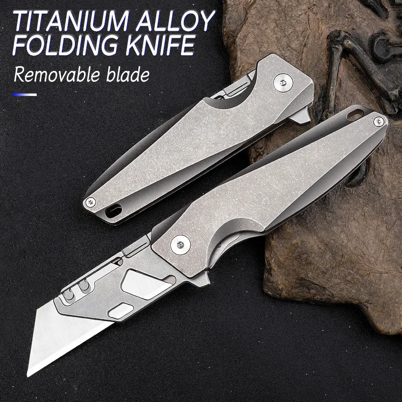 Titanium alloy utility knife outdoor portable folding knife sharp tool knife EDC paper cutter can replace the blade.