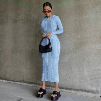 European-American Style Knitted Round Neck Long-sleeved Dress for Women In Autumn 2023 Slim Fitting and Bottomed Length Skirt 1