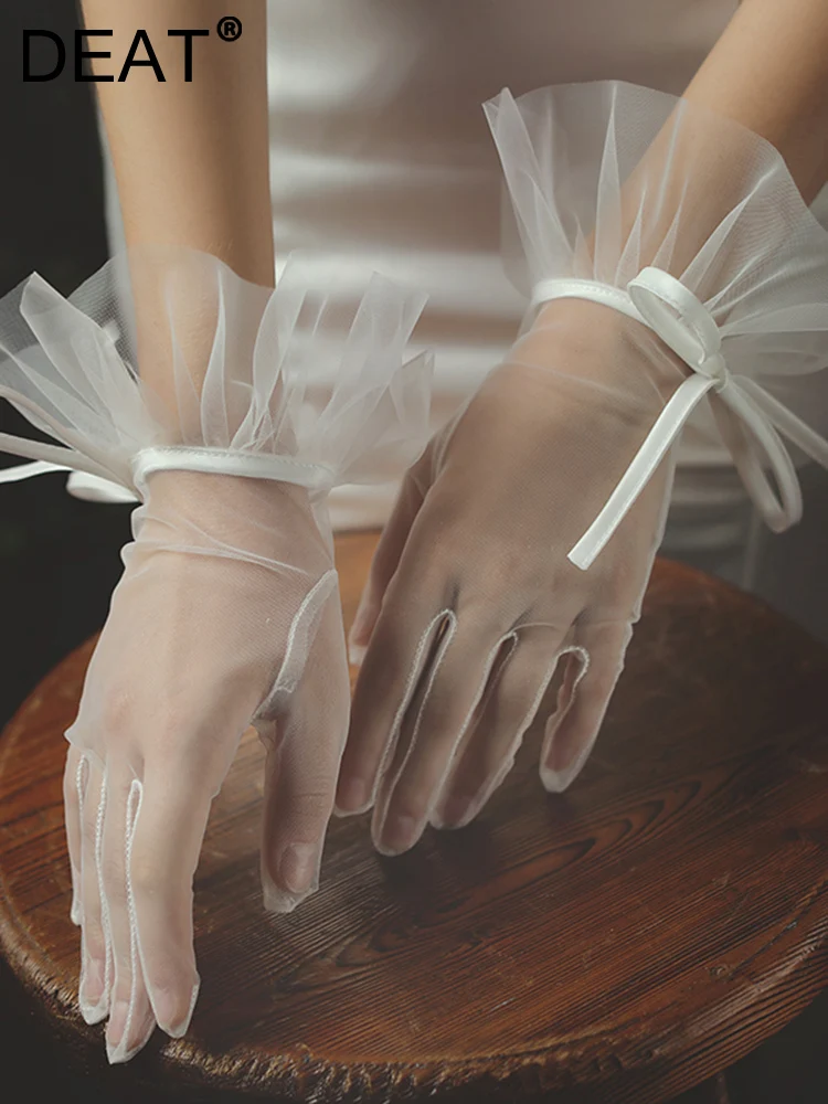 

DEAT Women's Fashion Bridal Glove Gauze Perspective Spliced Lace-up Bow Elegant White Female Party Gloves 2023 New Trend 13DB894