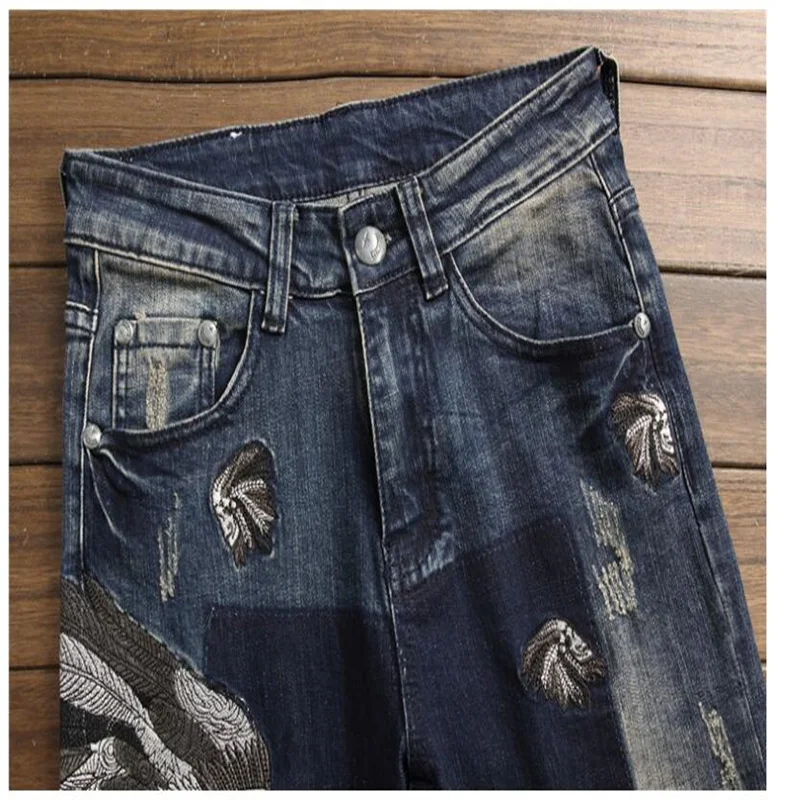 Original design jeans men's denim pants trousers autumn winter new European and American fashion blue elastic hole embroidery