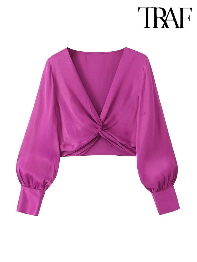 

TRAF Purple Knotted Satin Women's Top 2023 Summer Cropped Shirts Sexy V-Neck Womens Blouse Fine Elegant Long Sleeves New Blouses