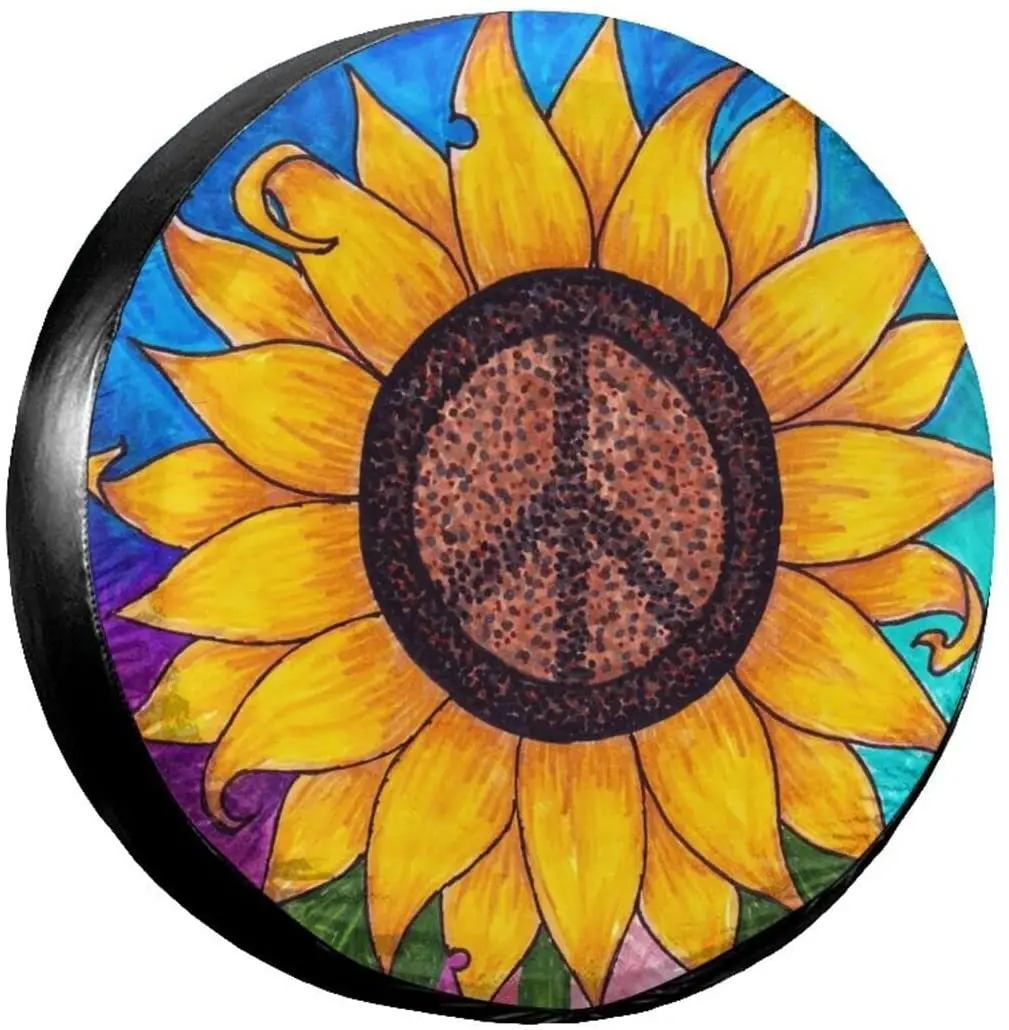 

Peace Sign Sunflower Spare Tire Cover,-Universal Wheel Tire Cover for Trailer, RV, SUV, Truck,Camper and Many Vehicle