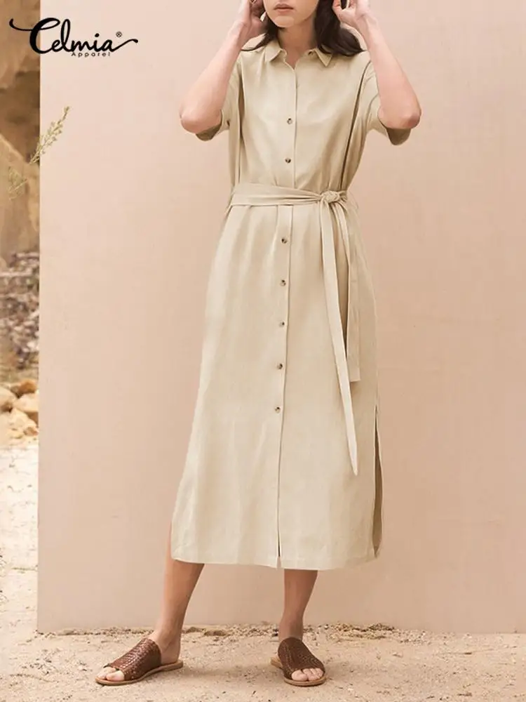 

Celmia Casual Simple Shirt Dress Women 2023 Summer Leisure Solid Color Lapel Short Sleeve Midi Dress Fashion Belted Long Robes