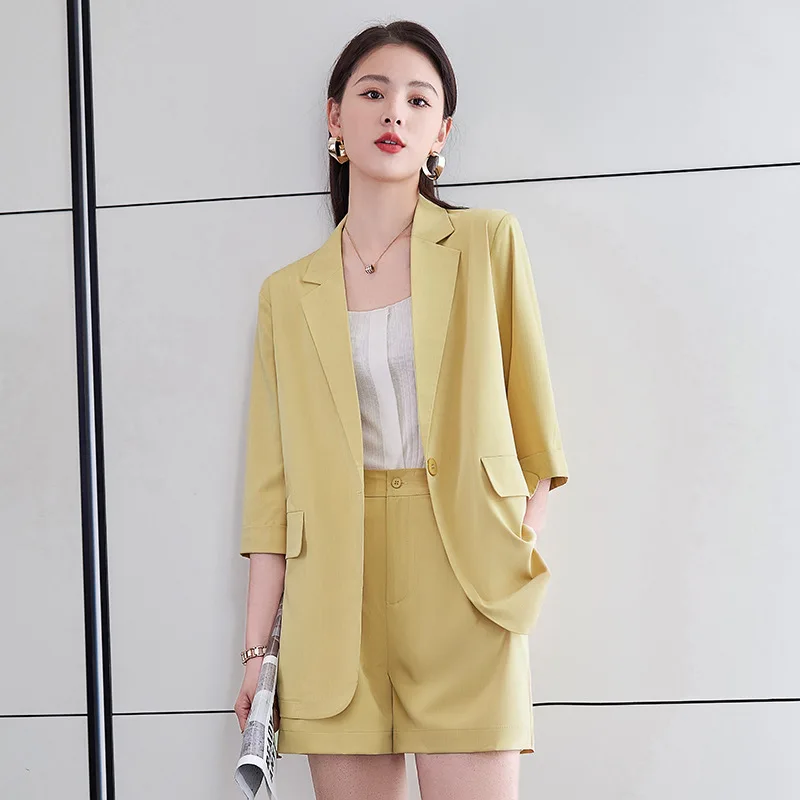 

2022 New Summer Women Blazer Shorts 2 Piece Set Fashion Korean Style Loose Casual Short Sleeve Ladies Jacket High Waist Pants