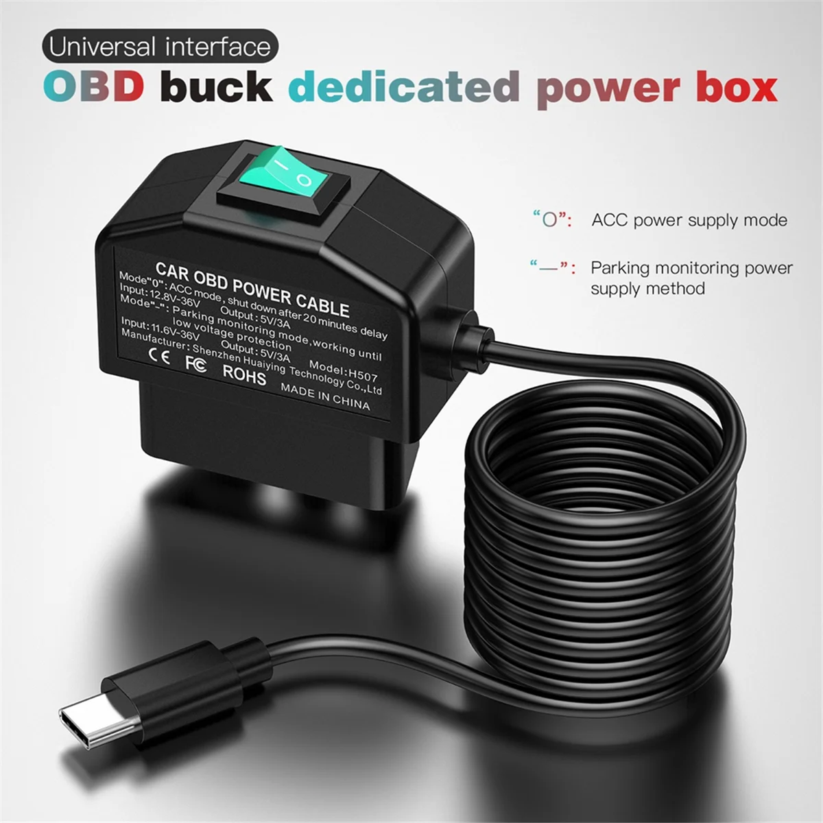 Dash Cam OBD Hardwire Kit Camera USB Type C with Power Cable for Dashcam 12-24V to 5V/3A