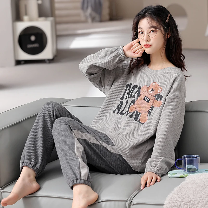 Женские пижамы с милым медведем весенне-осенний комплект из чистого хлопка