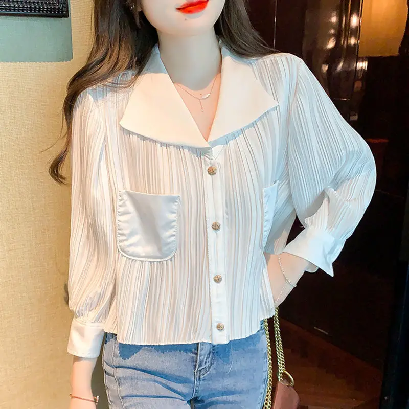 Casual 2022 autumn new fashion  loose and thin niche long-sleeved shirt women's pleated   blouses for women fashion 2022