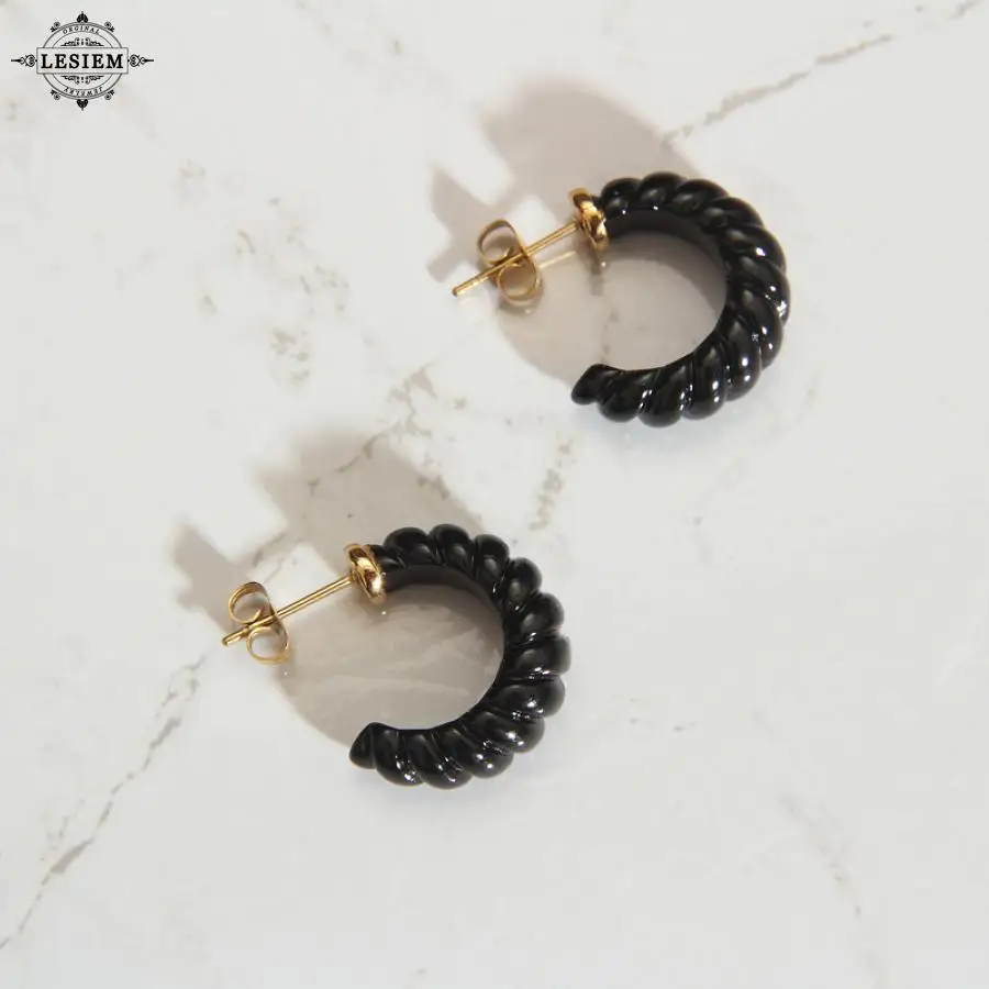 

LESIEM Hot 2020 silver plated hoop earrings for women Black Epoxy Bread Pattern earring for women Factory Wholesale