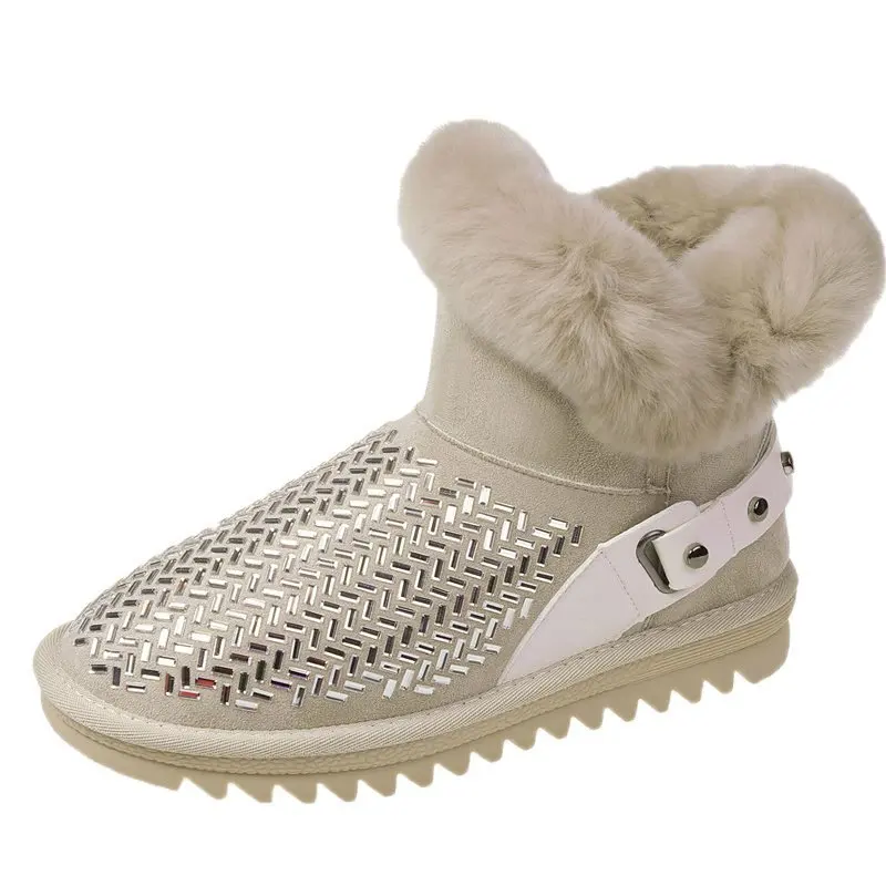 2022 New Winter Ankle Boot for Women Fashion Retro Strap Bling Shoes Short Woman Snow Booties Ladies Warm Plush Cotton Slippers
