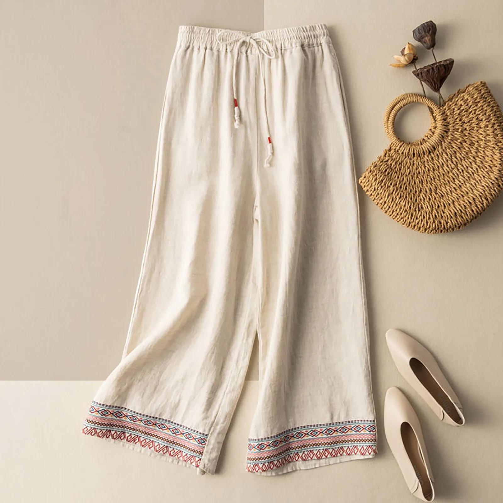 Vintage Solid Cotton Pants Comfortable  Summer Slacks Women Trousers High Waist Embroidered Casual Wide Leg Pantalones 2023
