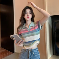 summer korean style knit sweater t shirt women polo neck contrast rainbow striped short sleeve top fashion casual ladies clothe