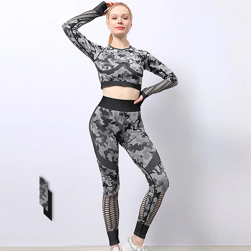 

Camouflage Women's Home Clothes Two Piece Sets Suit Sports Clothing Seamless Yoga Gym Fitness Wear Knitwear Suits Hollow Out Top
