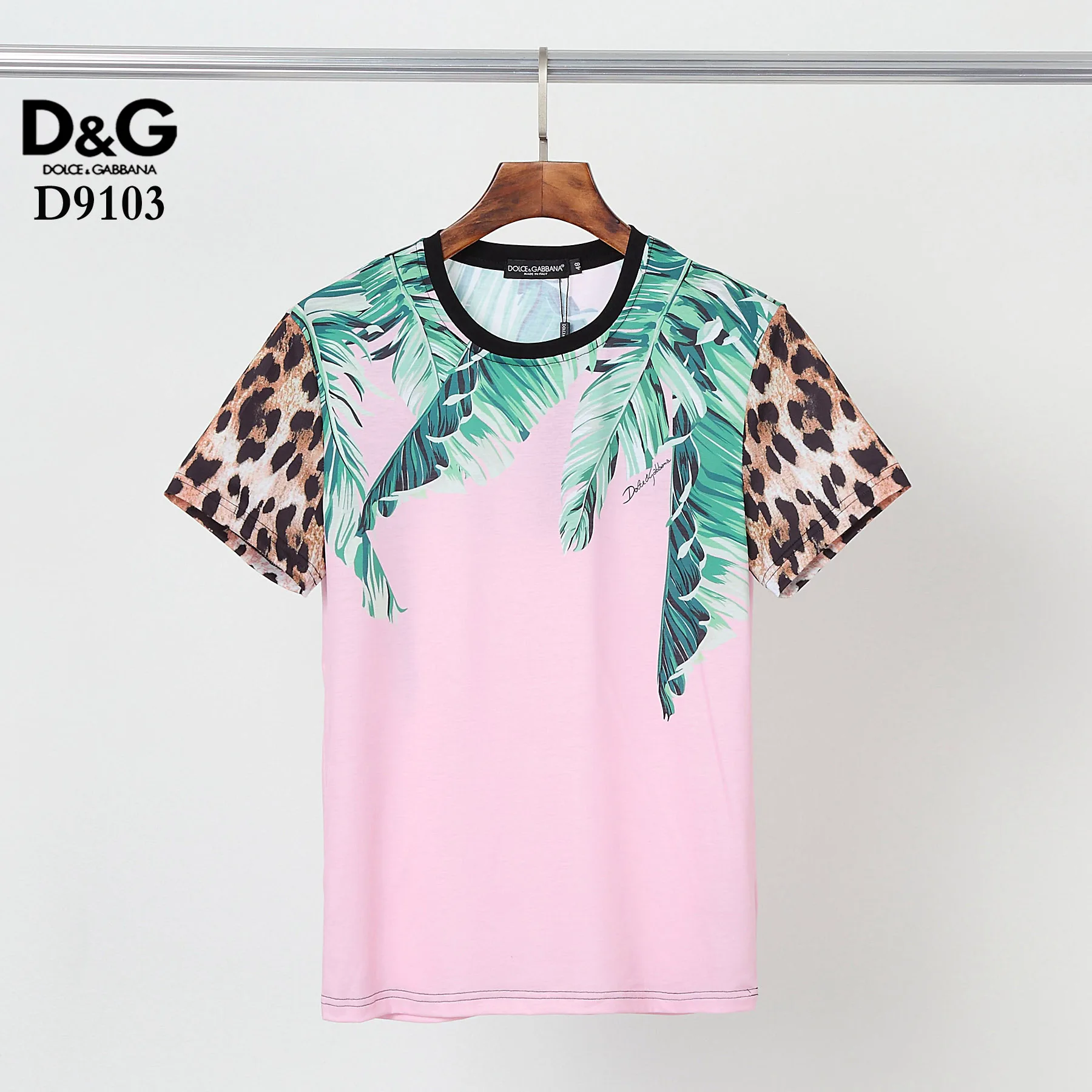 

Factory Dolce&Gabbana Short Sleeve T-Shirts Men 100% Cotton Summer Short Tees Pink Basic Soft Male Leaf Tshirt Slim Fit Shirts
