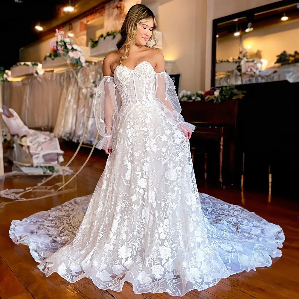 

Gorgeous Lace Wedding Dresses For Woman A-line Sweetheart Puff Sleeves Open Back Appliques Chapel Train Vestidos De Novia 2023