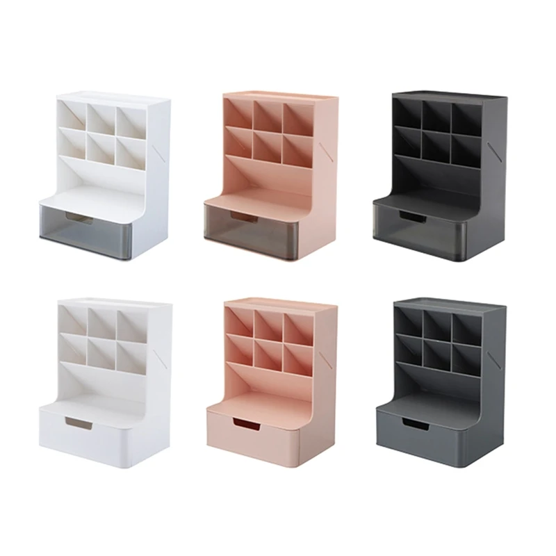 

HXBE Stacking Desk Organizer with Drawer 6-grid Inclined Pen Slots Makeup Organizer for Bedroom Vanity Office Desk Pen Holder