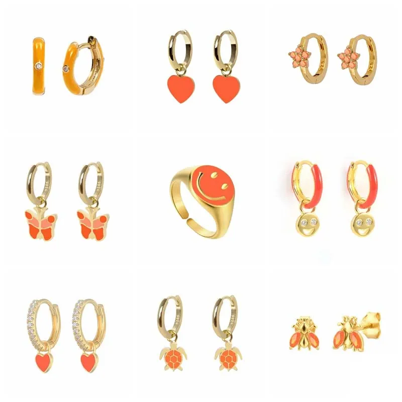 

Aide Gold Color Silver Color Orange Zircon CZ Series Hoop Earrings Trend Enamel Heart Smiley Face Bee Charm Earrings Pendientes