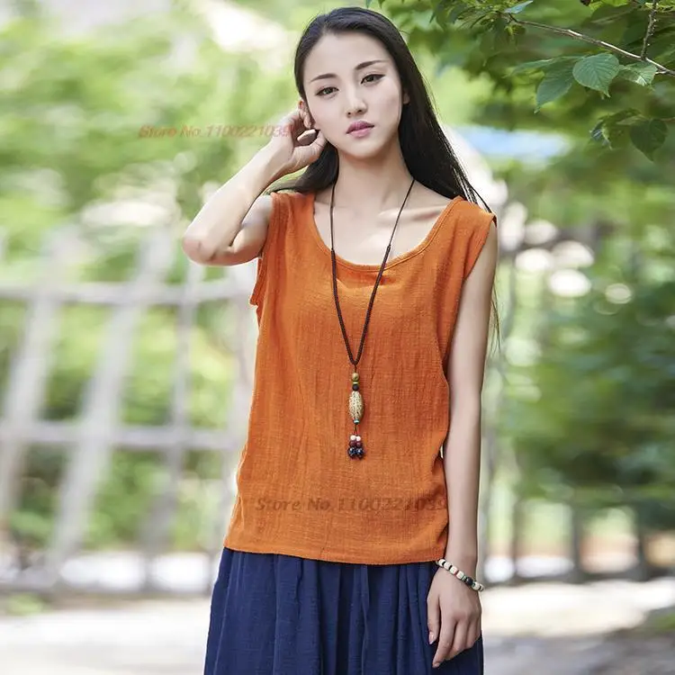 

2023 chinese vintage cotton linen loose tank tops national o-neck shirt camisole women's sleeveless vest oriental streetwear