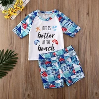 toddler kids baby outfit set small and medium sized boys letter printed round neck short sleeve swimsuit set