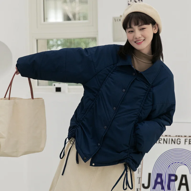 Plaid Square Collar Down Cotton Jacket Female 2022 Winter New Design Sense Hem Drawstring Cotton Jacket