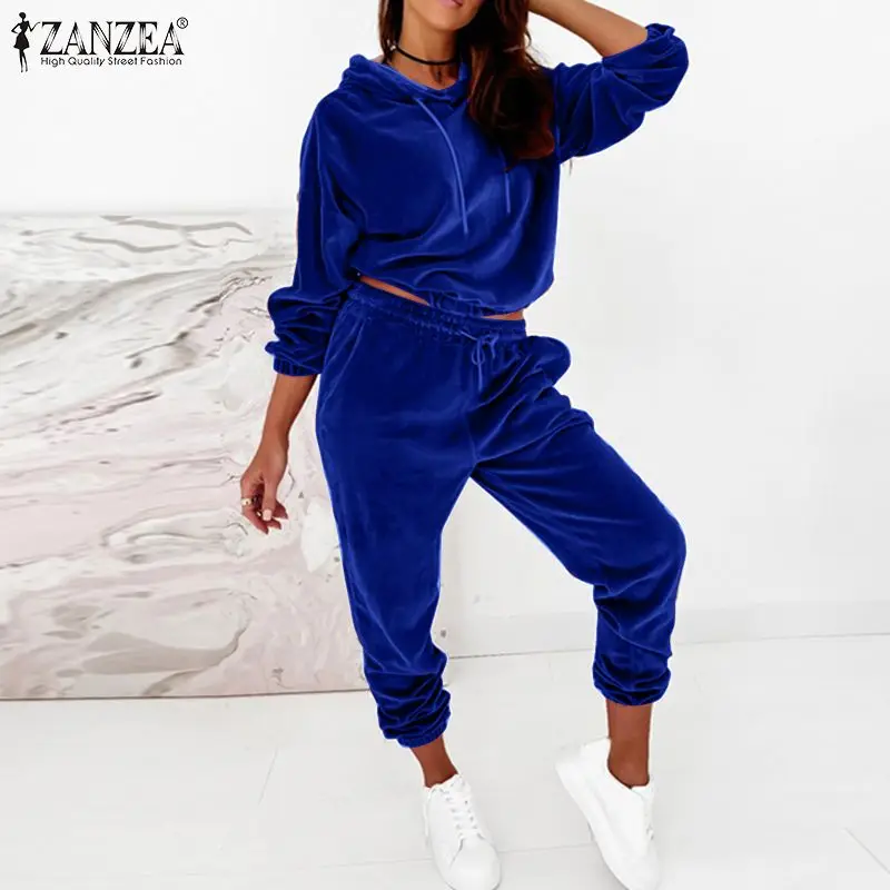 

Женские модные однотонные Топы с капюшоном, костюмы ZANZEA, бархатные толстовки и брюки, Женский Повседневный костюм в стиле ретро, весенние ко...