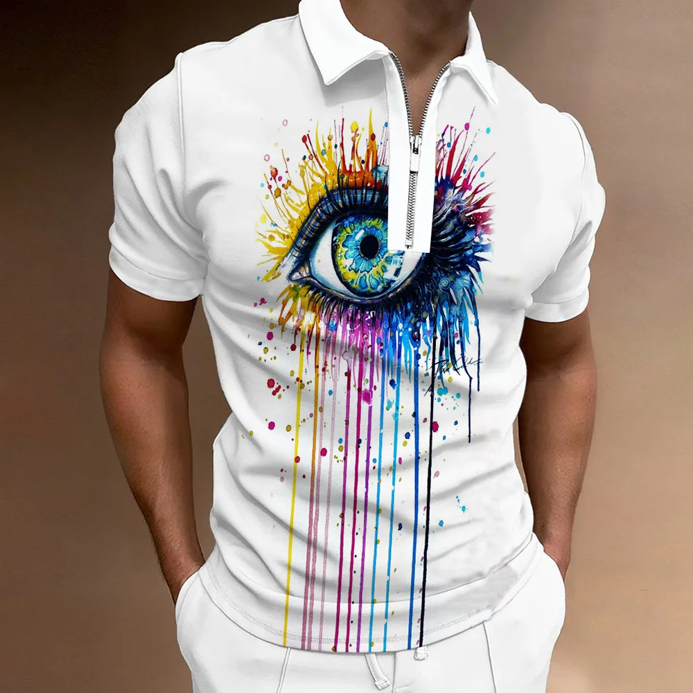 New 3D Yellow stripe printing polo shirt high-quality business people slim-fit color printed classic zipper lapel short sleeve