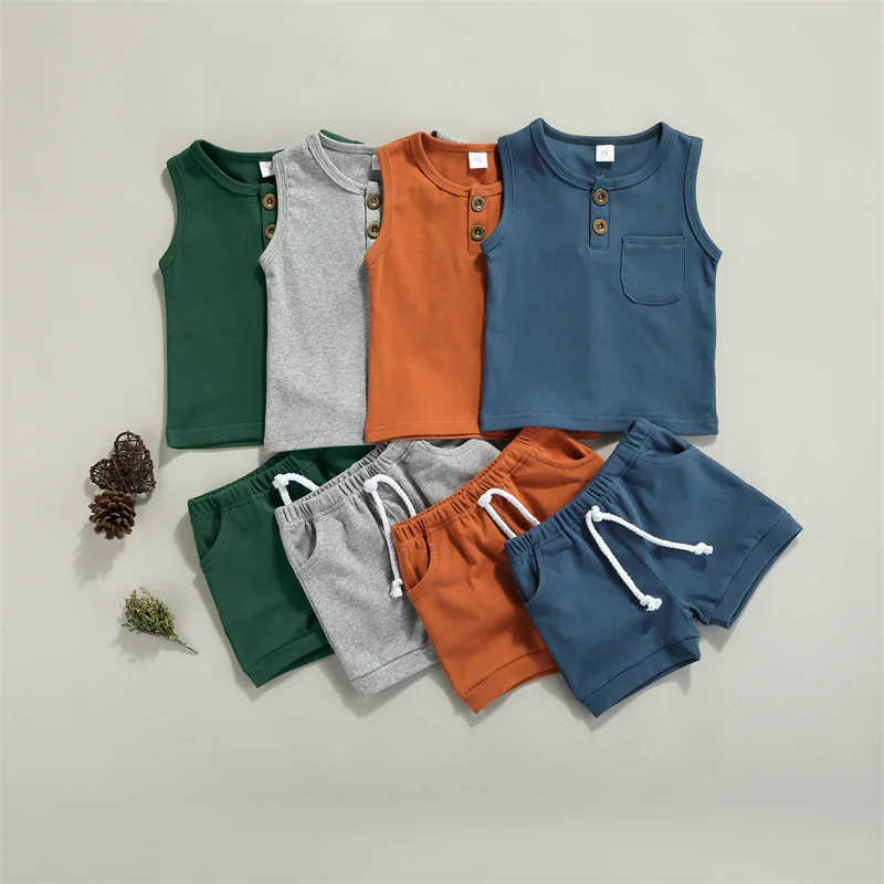 

Newborn Summer Outfits Baby Solid Color Round Neck Tank Tops with Pocket + Drawstring Shorts Casual 2 Piece Set for 0-3 Years