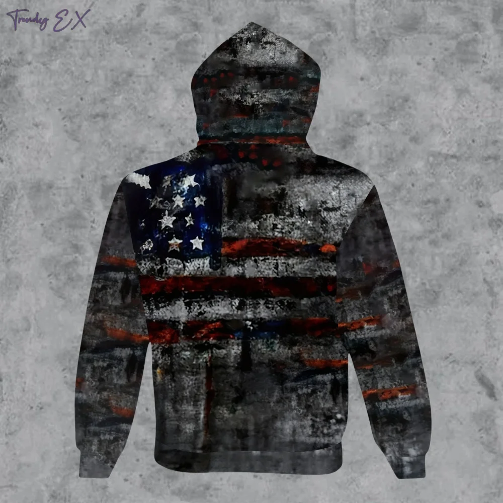 Vintage Flag Print Men's Sweatshirt Casual Streetwear Drawstring Raphic Hoodies Spring Fall Long Sleeve Hooded Man