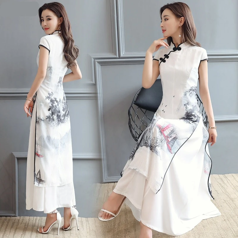 

Женское шифоновое платье-Ципао, элегантное приталенное платье в винтажном стиле, белое платье с пейзажным принтом, на лето