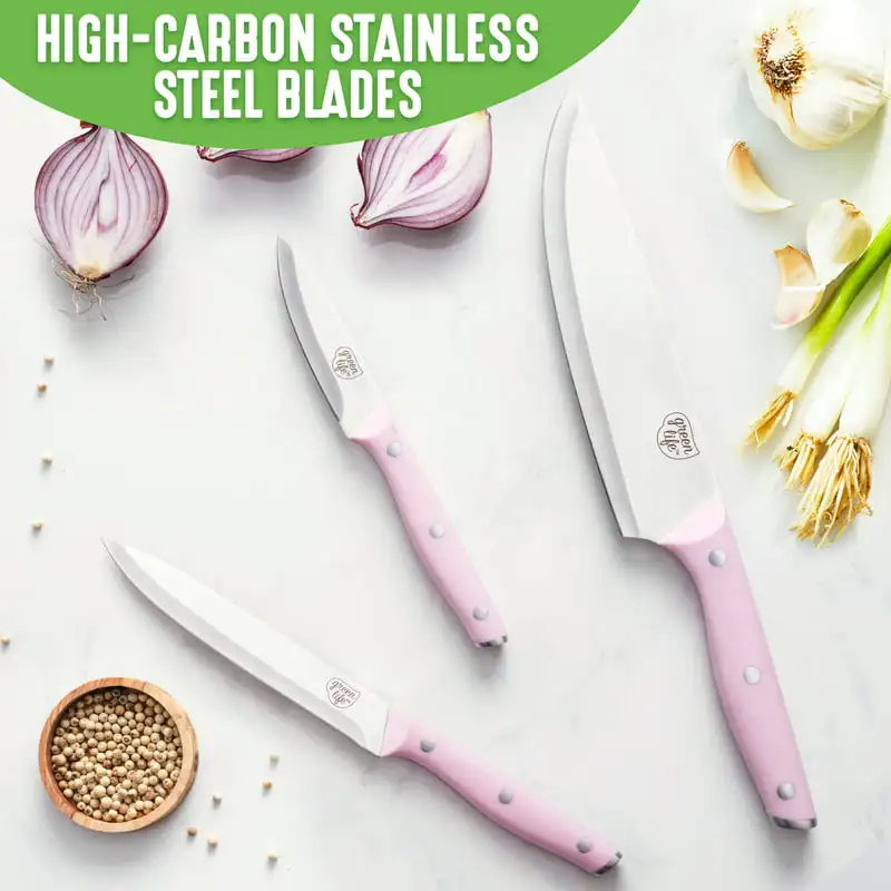 

Stainless Steel Knife Set, 3 Piece, Pink Kitchen knives Chef knife Cook Set Chef Utility Slicer Vegetable Peeler