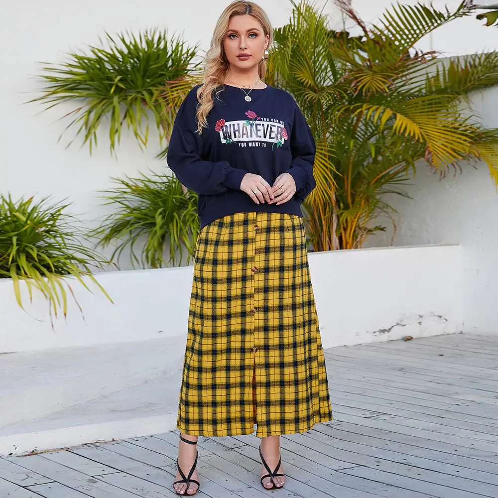 

New Spring Plus Size Women Dress Sets Casual Fashion Women's Suit Print Long-sleeve Sweatshirt Top& Plaid Split Pencil Skirt