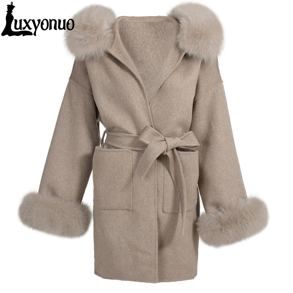 

Luxyonuo 2022 Real Fur Coat Winter Jacket Women 100% Natural Fox Fur Collar Cuffs Hood Cashmere Wool Blends Oversize Outerwear