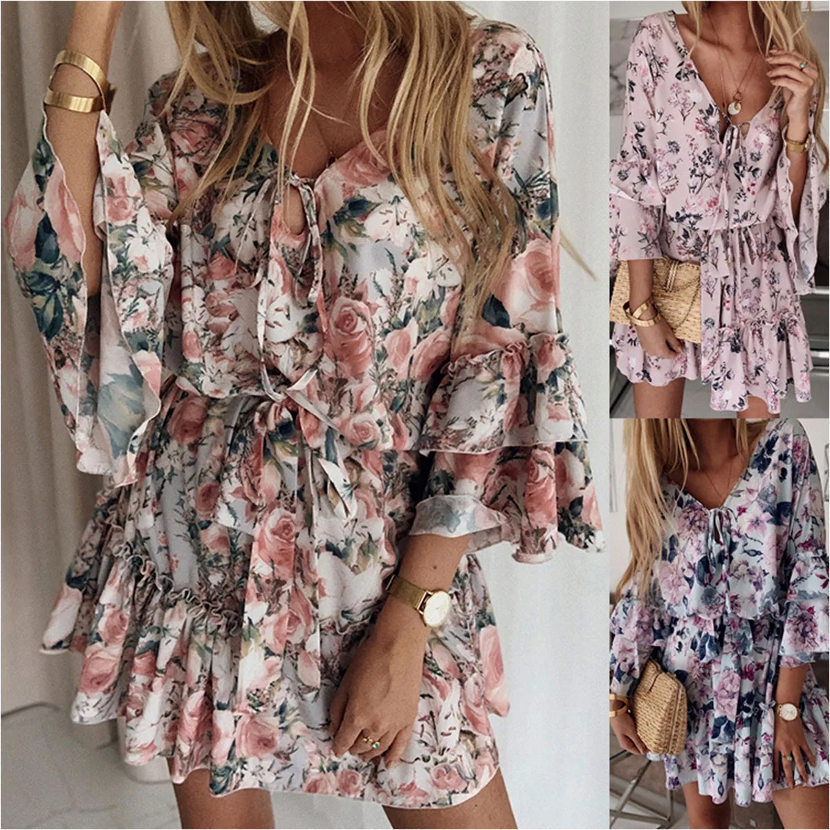 

TSACTE Dresses Women'S New, Summer Chiffon Round Neck Lacing Thin Floral Midriff Dresses, Temperament Elegant Short Dress