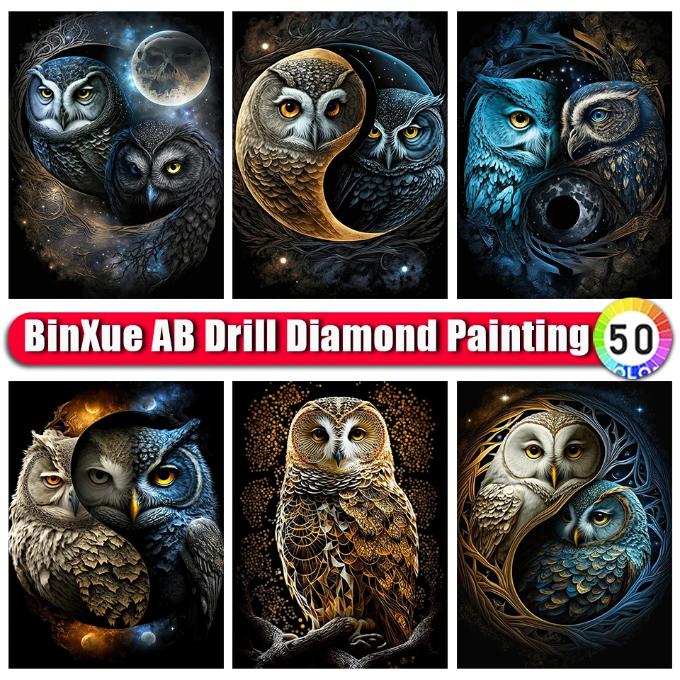 

BinXue 5D DIY Dream Moon AB Diamond Painting Kit Owl Feather Cross Stitch Animal Zipper Bag Handmade DIY Diamond Mosaic Art Gift