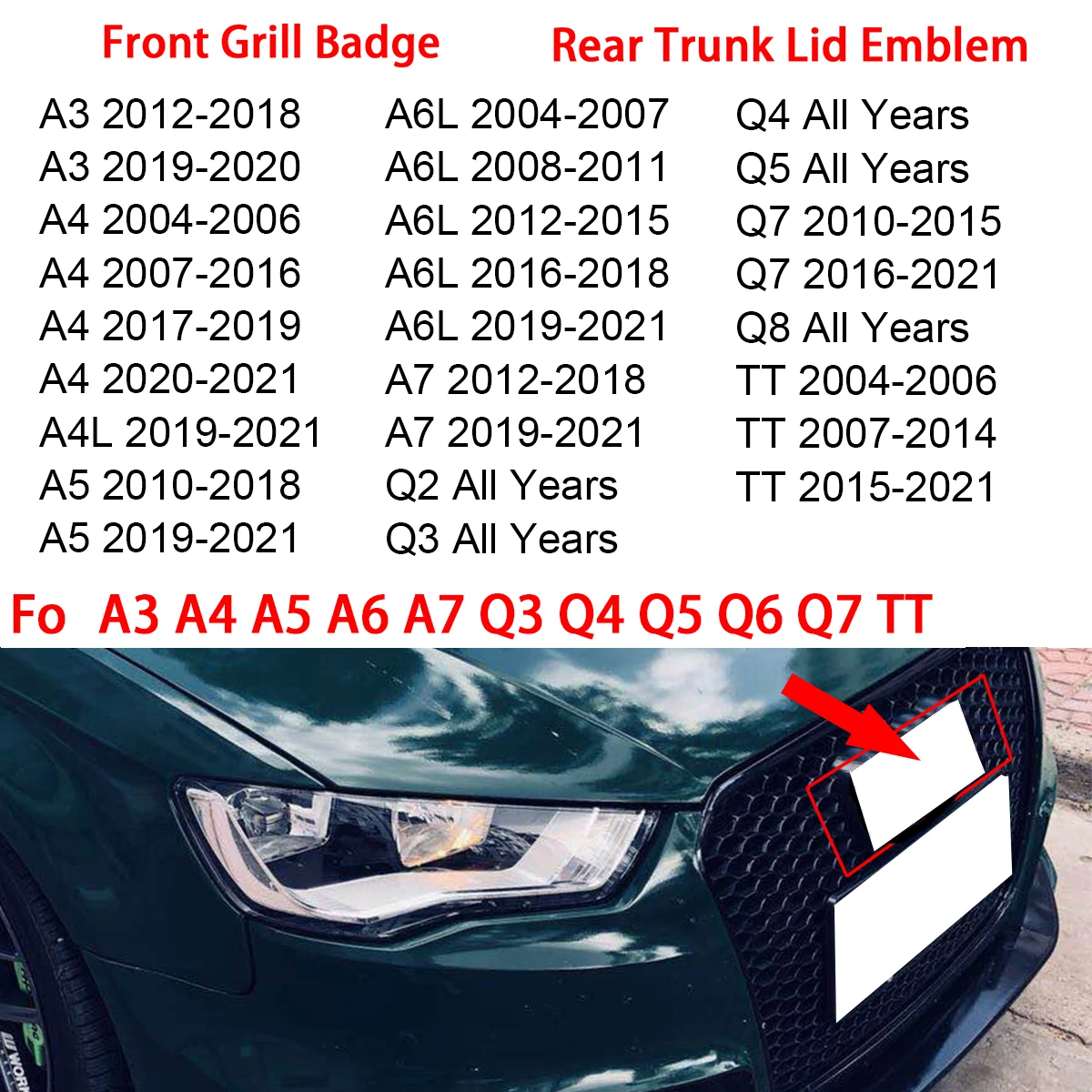 Per A3 A4 A5 A6 A7 Q3 Q4 Q5 Q6 Q7 TT nero lucido 4 anelli cofano anteriore cofano griglia e posteriore tronco emblema Logo Badge