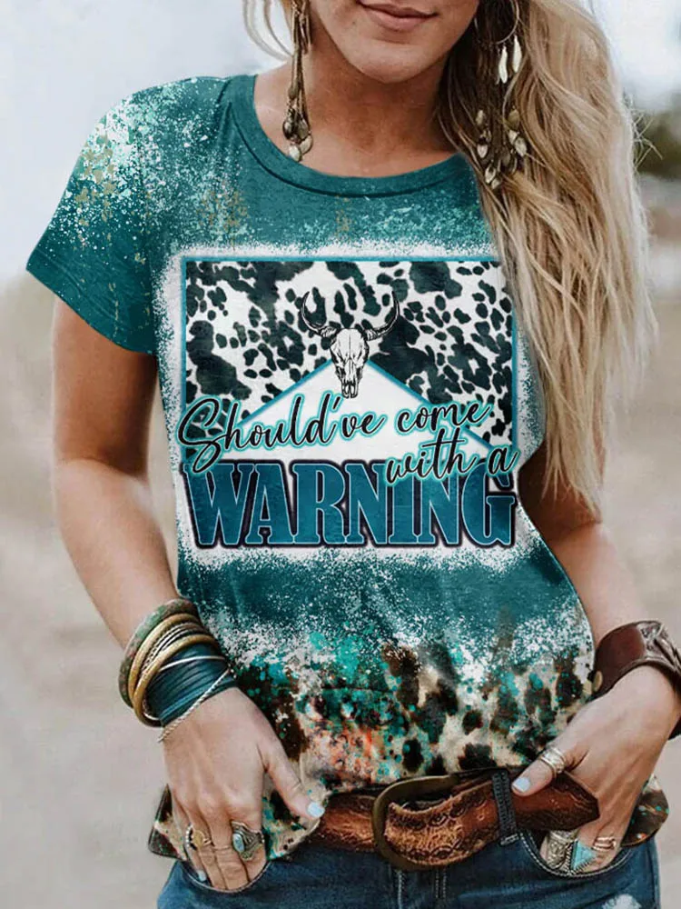 

Western T-Shirt Women Leopard Cow Skull Should've Come With A Warning O Neck Casual Tee Tops y2k Letter T Shirt Funny Tshirt