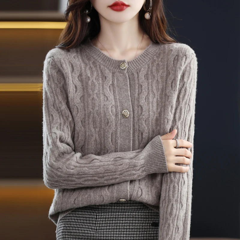 

Женский трикотажный кардиган из 100% чистой шерсти, повседневная трикотажная кашемировая куртка с круглым вырезом для осени и зимы