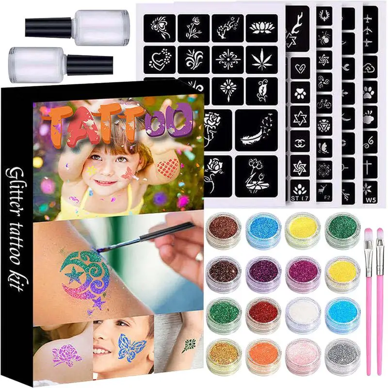 

Glitter Tattos For Girls Temporary Glitter Tattos Easy To Use 5 Tatto Stencils 2 Brushes For Kids Teens Adults