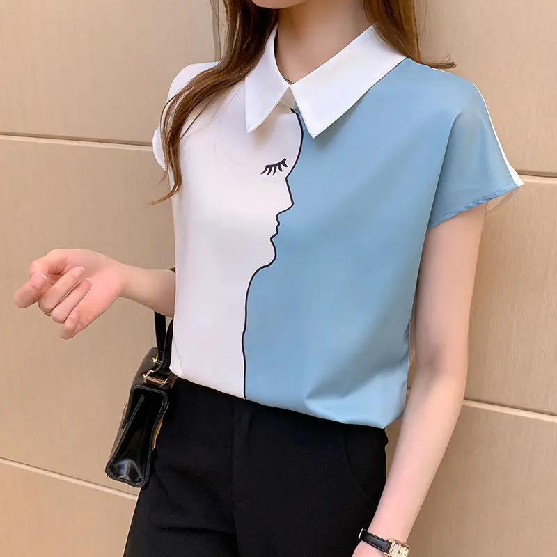 Fashion Lapel Printed Spliced Asymmetrical Color Blouse Women's Clothing 2023 Summer New Casual Pullovers Commute Shirt