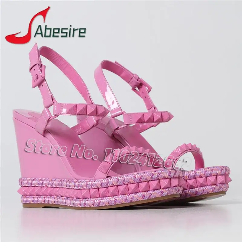 

Pink Rivet Wedge Sandals Fashion Sexy Chunky Platform Super High Heels Summer New Round Toe Ankle Buckle Women Beach Party Shoes